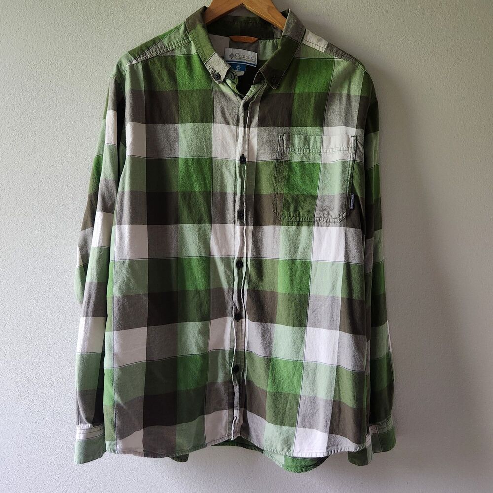 Columbia Shirt Mens Large Green Plaid Cotton L/S Button Down Outdoor Casual